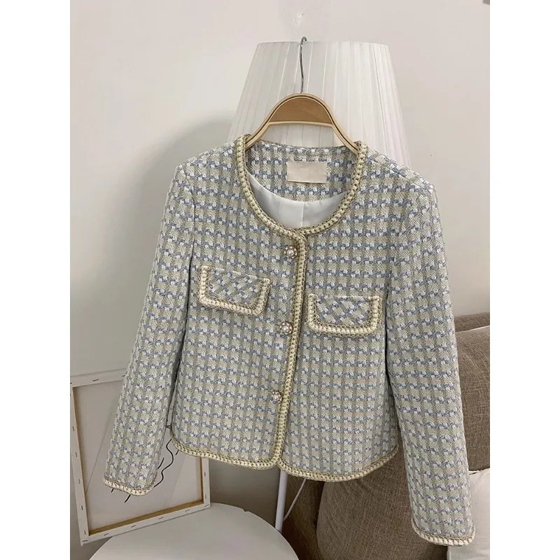 

Lnsozkdg High Quality French Vintage Small Fragrance Tweed Jacket Coat Women Spring Autumn Fried Street Short Coat Plaid Outwear