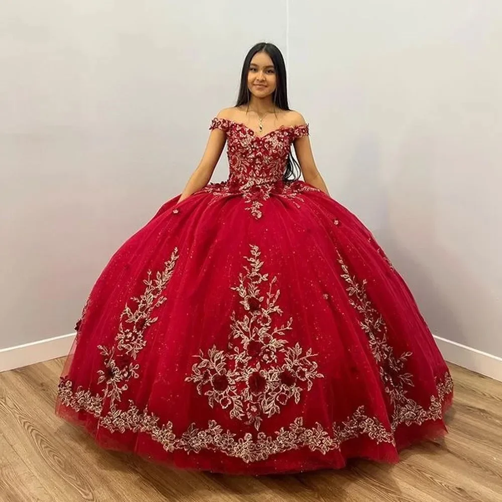 

Glitter Burgundy Quinceanera Dresses Off-Shoulder Vestidos De 15 Anos Applique 3D Flower Sweet 16 Ball Gown Birthday Party Gowns