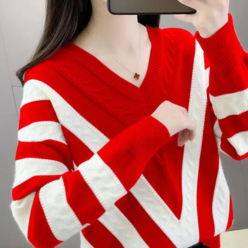 

Fashion V-Neck Knitted Spliced Loose Striped Sweaters Women's Clothing Autumn New Casual Pullovers All-match Commute Tops N205