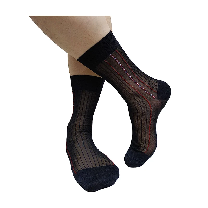 

See Through Black Striped Mens Socks Formal Dress Business Style Thin Sheer Breathable Softy Stocking Sexy Clubwear Socks