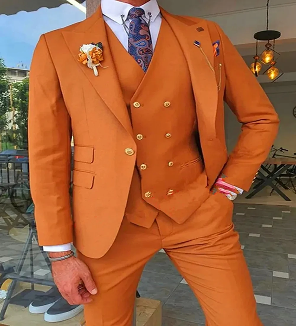 

Orange Groom Tuxedos One Button Man Blazer Groomsmen Peak Lapel Men Suits Costume Homme Wedding Prom Best Man Jacket Pants Vest