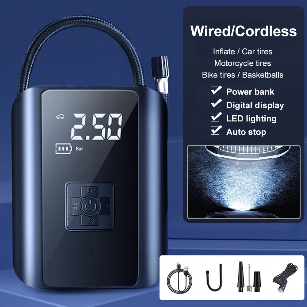 Portable Cordless Tire Inflator Power Bank Electric Air Compressor Pump Quick Tire Inflate with LED for Car Motorcycle Bike Ball
Portable Cordless Tire Inflator Power Bank Electric Air Compressor Pump Quick Tire Inflate with LED for Car Motorcycle Bike Ball