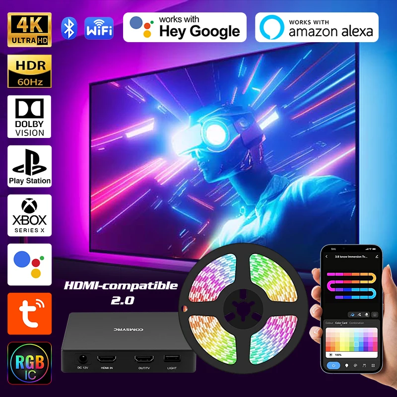 RGBIC Ambient Led TV Backlight WIFI Device Box Tape Screen Color Music Vedio Sync Smart Led Strip RGB LED Tape 55-75 Inch TV
RGBIC Ambient Led TV Backlight WIFI Device Box Tape Screen Color Music Vedio Sync Smart Led Strip RGB LED Tape 55-75 Inch TV