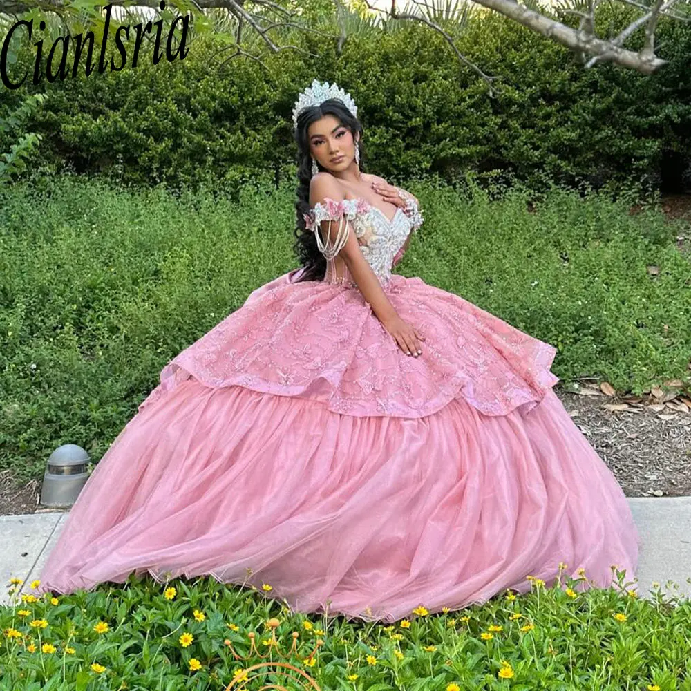 

Pink Off The Shoulder Lace Ruffles Mexican Quinceanera Dress Ball Gown Beading Tassel Crystal Corset Vestidos De XV Anos