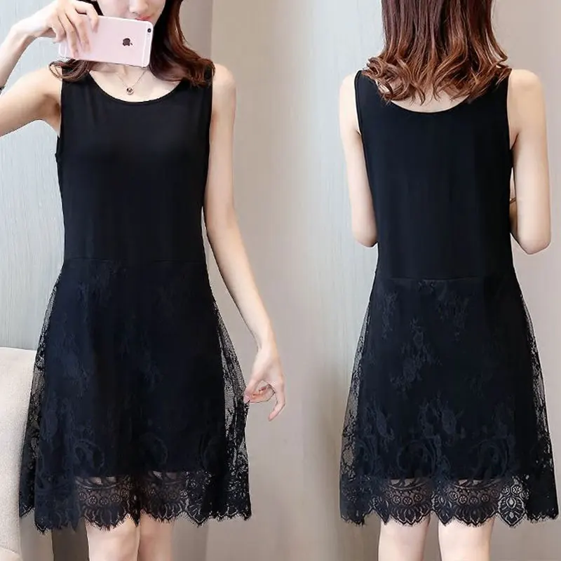

Casual Lace Sleeveless Midi Dress Summer Sexy Fashion Hollow Out Spliced Female Clothing Round Neck Solid Color Basic Sundress
