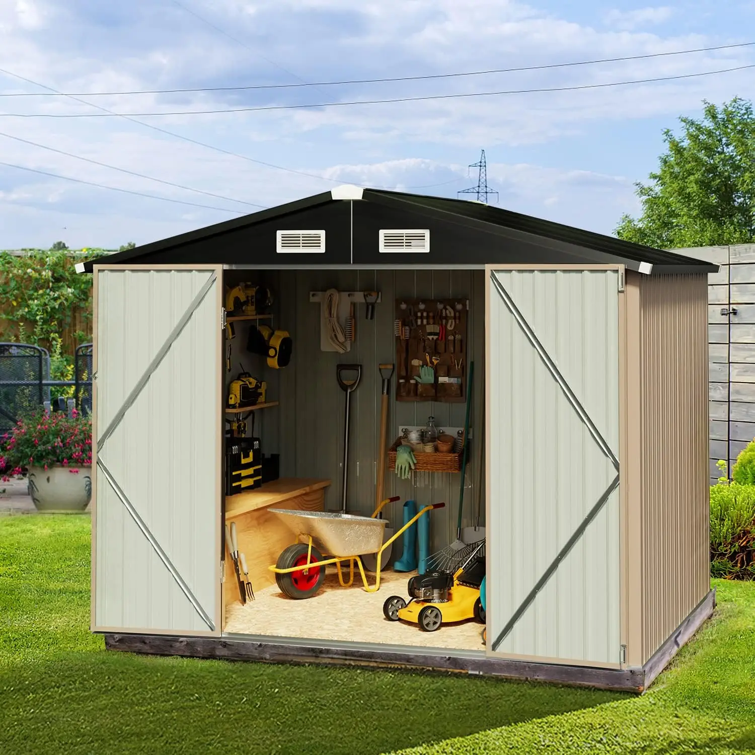Outdoor Storage Shed, 8x8 FT, Garbage Can,Outdoor Metal Shed for Tool,Garden,Bike, Brown,(Floor Frame)
Outdoor Storage Shed, 8x8 FT, Garbage Can,Outdoor Metal Shed for Tool,Garden,Bike, Brown,(Floor Frame)