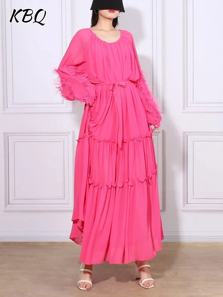 KBQ Spliced Lace Up Elegant Dresses For Women Round Neck Long Sleeve High Waist Patchwork Feathers Dress Female Fashion Clothing
KBQ Spliced Lace Up Elegant Dresses For Women Round Neck Long Sleeve High Waist Patchwork Feathers Dress Female Fashion Clothing