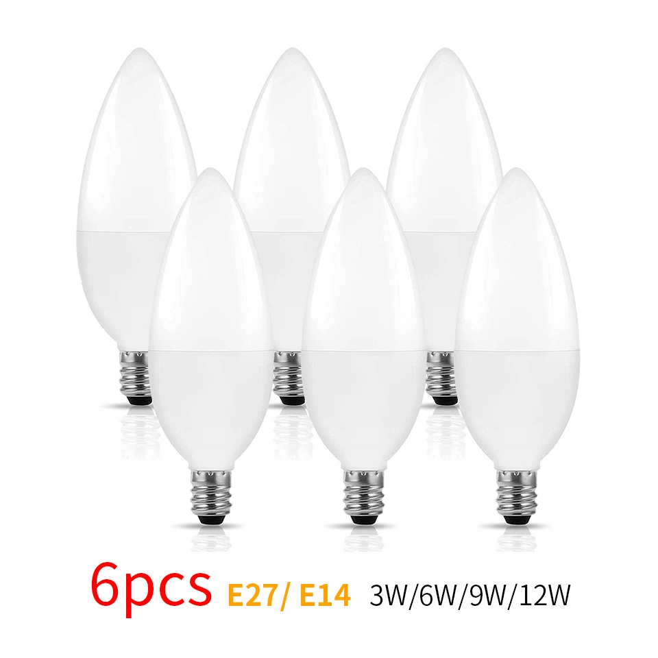 

6Pcs led Light bulb 220V E14 E27 LED Lamp Indoor 3000K 4000K 6000K Light Lamp 3W 6W 9W 12W LED Candle Bulb Home Decor Chandelier