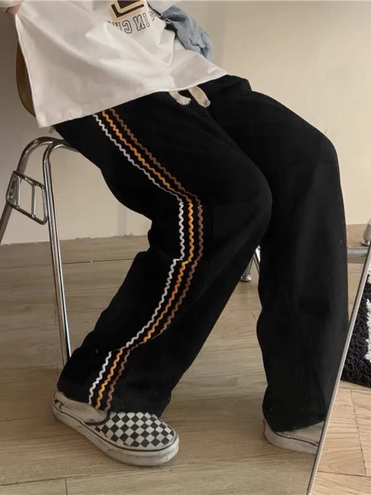 

Deeptown Hippie Side Striped Black Sweatpants Women Korean Style Wide Leg Baggy Jogger Pants Kpop Oversize Loose Track Trousers