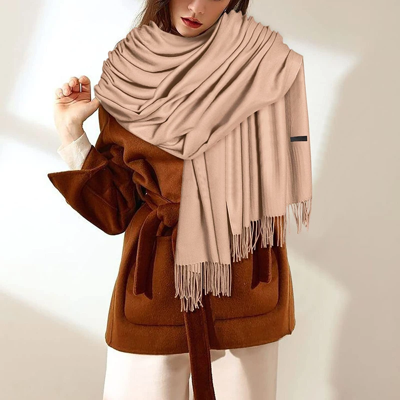 

Women Solid Color Cashmere Scarf Large Thicken Warm Shawl Wrap Fringe Tassels 2023 New Poncho Ladies Cape Cloak 200x70cm