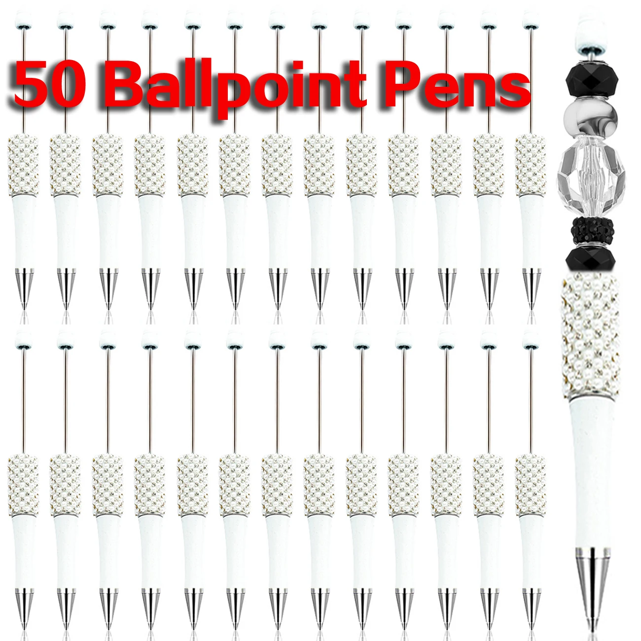

50Pcs White Diamond Bead Pen Wholesale Creative DIY Handmade Sticker Set Diamond Beaded Ballpoint Pens Advertising Gift Pen