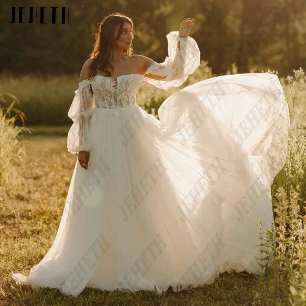 

JEHETH Exquisite Wedding Dresses Plus Size Puff Sleeves Strapless Zipper Back Bride Gowns Lace Applique A-Line vestidos de novia