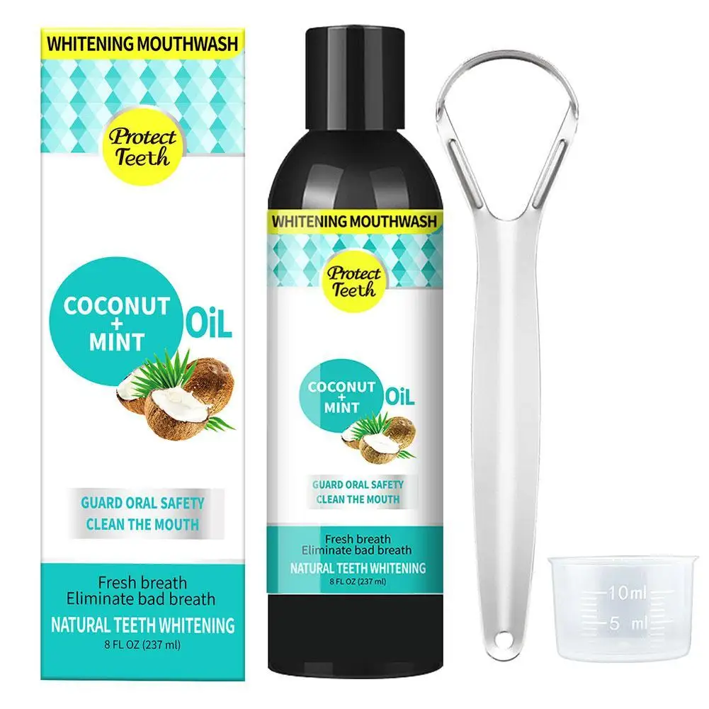 

237ml Coconut Mint Pulling Oil Mouthwash Alcohol-free Teeth Whitening Fresh Oral Breath Tongue Scraper Set Mouth Health Care