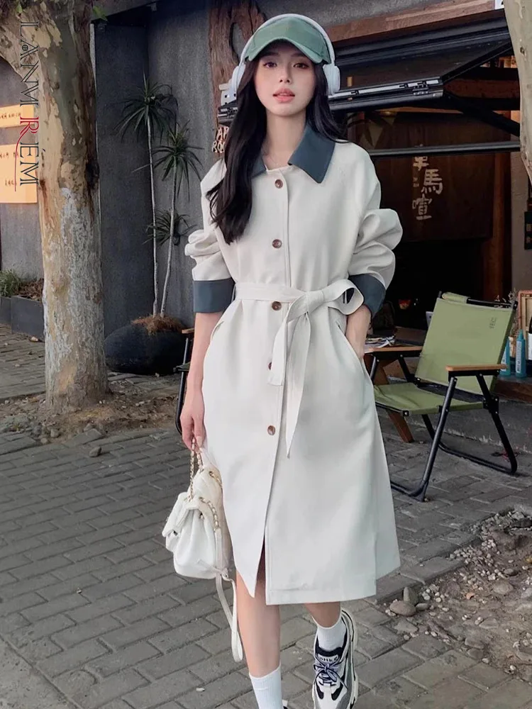 

LANMREM Fashion Mid Length Trench Coat Women Contrast Color Lapel Single Breasted Belt Windbreaker 2024 Spring New 2AA5190