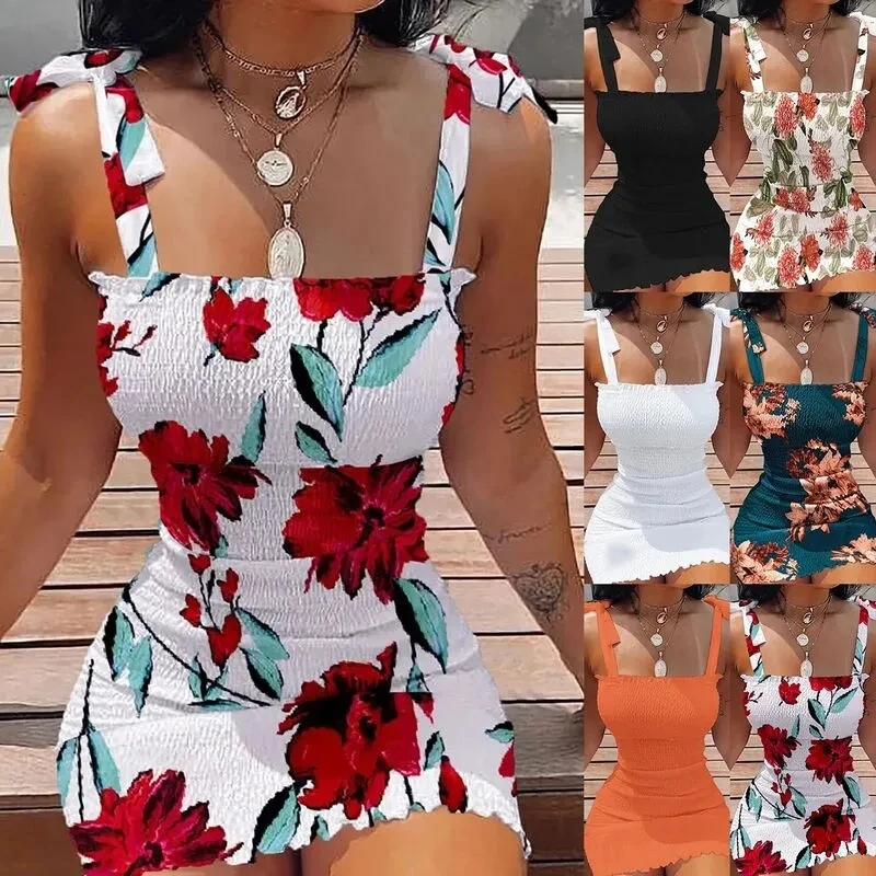 

Summer Sexy Bodycon Package Hips Wrap Dress Casual Sleeveless Lace-Up Print Floral Mini Dresses Women's Sundress Female Clothing