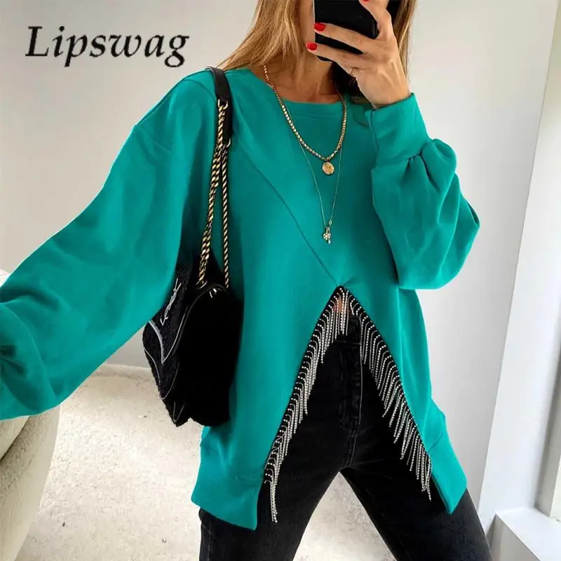 Fashion Solid Color Long Sleeve Irregular Shirt Chic Loose O-Neck Women Pullover Top Autumn Crystal Fringe Hollow Out Sweatshirt
Fashion Solid Color Long Sleeve Irregular Shirt Chic Loose O-Neck Women Pullover Top Autumn Crystal Fringe Hollow Out Sweatshirt