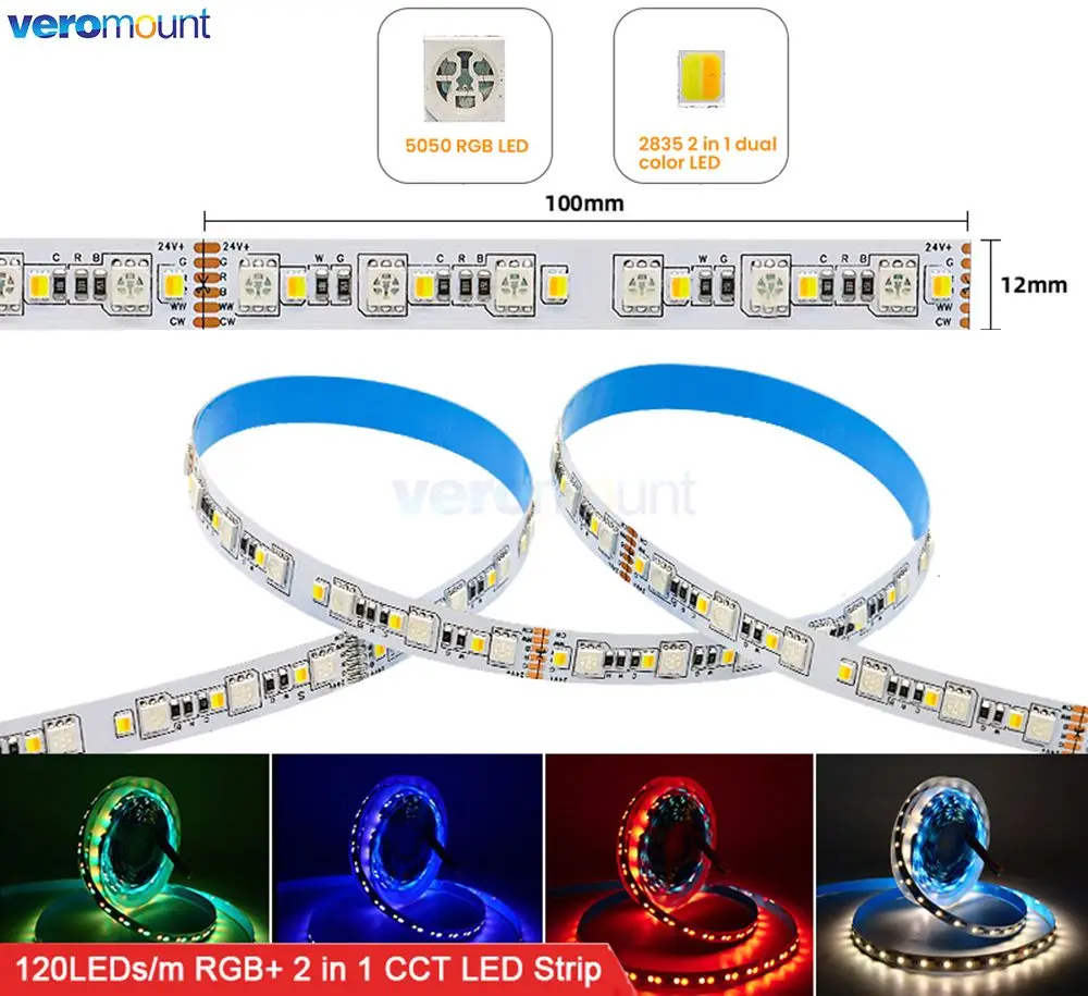 

5m 12V 24V DC RGB+CCT LED Strip Light 5050 RGB + 2835 2 in 1 CCT 5 Color 6Pin 5 Channel 12mm PCB Flexible Tape Light Decoration