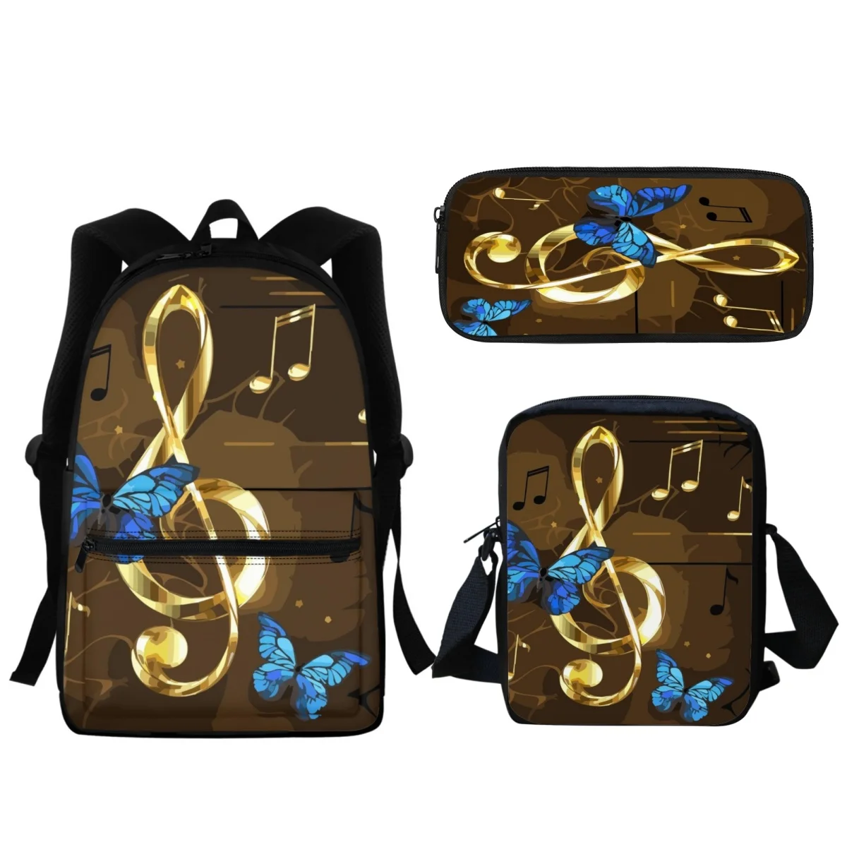 

3Pc Kids School Bag Gold Notes Butterfly Design Teen BookBags Backpack Set Boys Girls Lunch Satchel Pencil Case Learning Tools