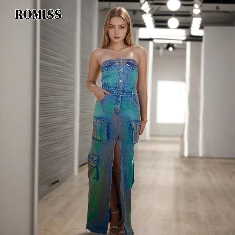 

ROMISS Sexy Colorblock Patchwork Pocket Dress For Women Strapless Sleeveless High Waist Spliced Button Chic Dresses Female