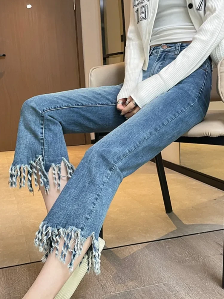 

Calf Length Jeans with Tassel Raw Hem,Women's Slim Curvy Strtchy Denin Jean 2024,High Waisted y2k korean cloth plus size elegant