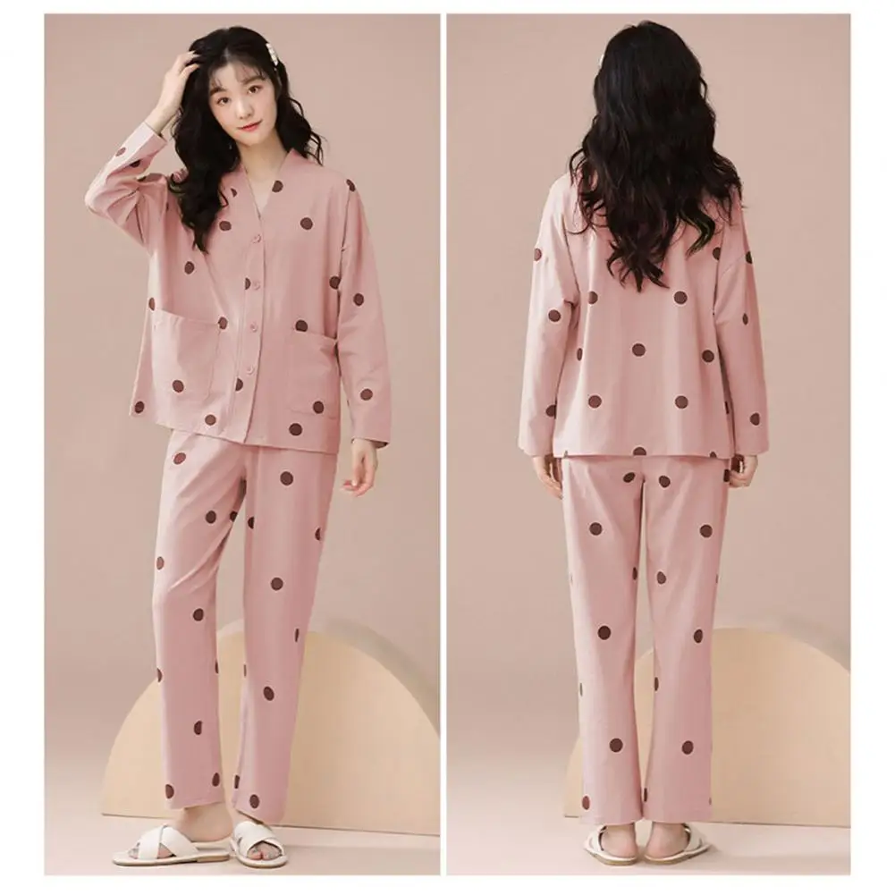 Single Breasted Tops Long Pants Set Stylish Women's Dot Print Sleepwear Set V-neck Long Sleeve Tops Elastic Waist for Spring
Single Breasted Tops Long Pants Set Stylish Women's Dot Print Sleepwear Set V-neck Long Sleeve Tops Elastic Waist for Spring