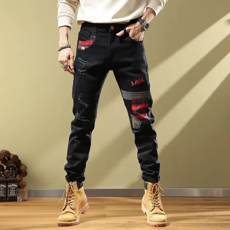 

Trousers Patch Broken Men's Jeans with Holes Man Cowboy Pants Elastic Stretch Ripped Torn Black Y 2k Vintage Y2k Luxury Stacked