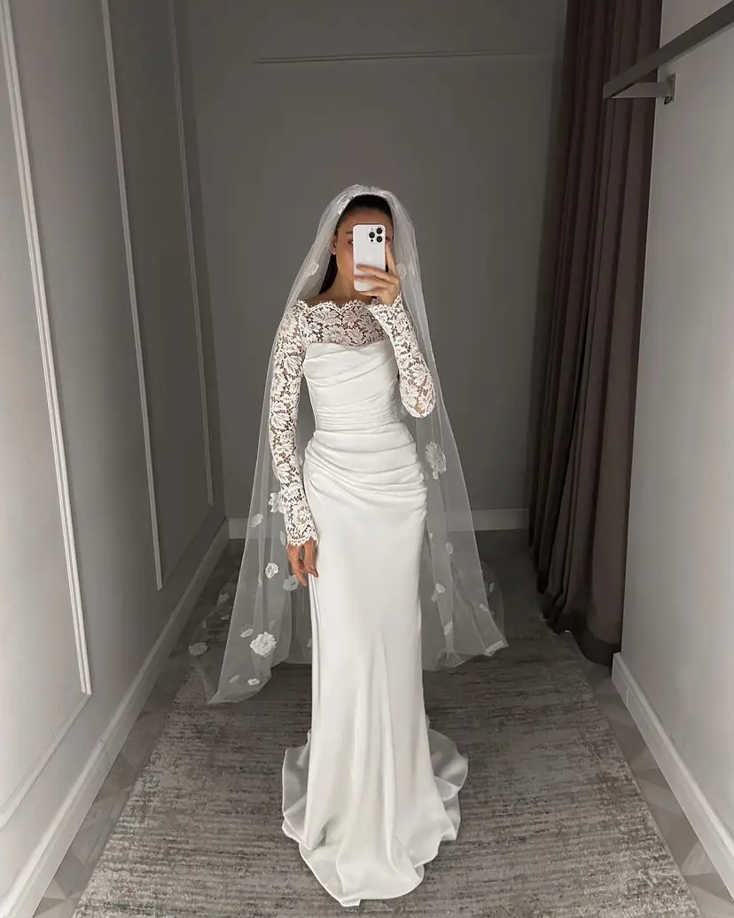 

FLORINE TULIRAIN O-neck Embroidery Sheath Court Train Full Sleeve Simple White Beautiful Wedding Party For Women Bride