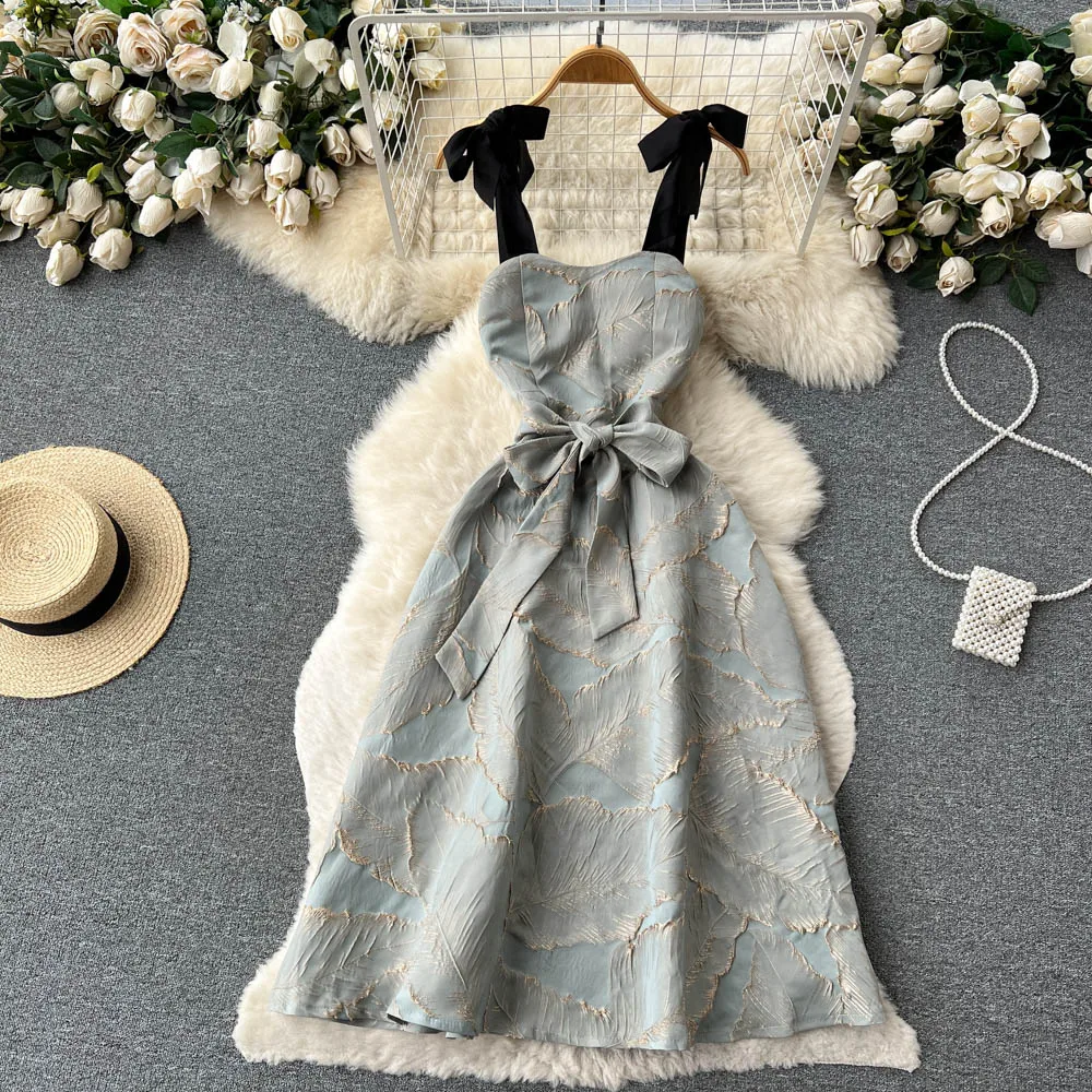 Emboss Jacquard Summer Dresses For Women Retro Sleeveless Bow Tie Spaghetti Strap Lace Up Slim Backless Evening Party Vestidos
Emboss Jacquard Summer Dresses For Women Retro Sleeveless Bow Tie Spaghetti Strap Lace Up Slim Backless Evening Party Vestidos