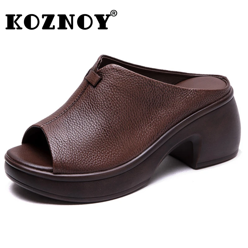 

Koznoy 6cm Cow Genuine Leather Summer Lightweight Rubber Comfy Women Flats Slipper Slip on Good Slipper Flexible Peep Toe Shoes