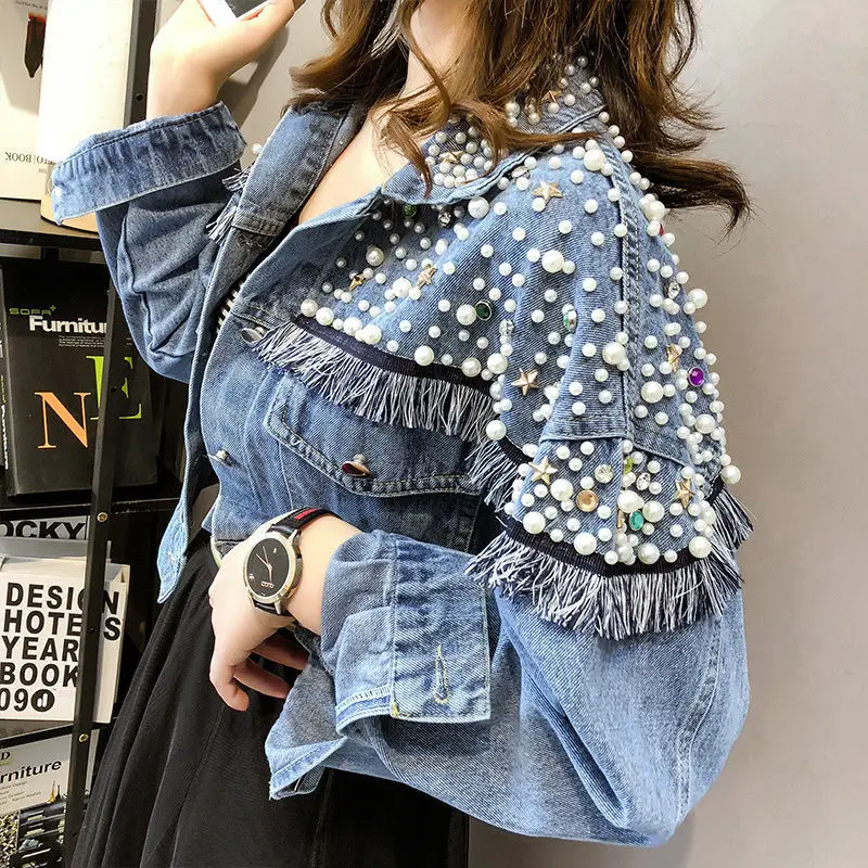 

Chic Beaded Diamonds Blue Jean Jacket Fringed Loose Single-breasted Pearls Bomber Coat Long-sleeved Cardigan Streetwear Tops