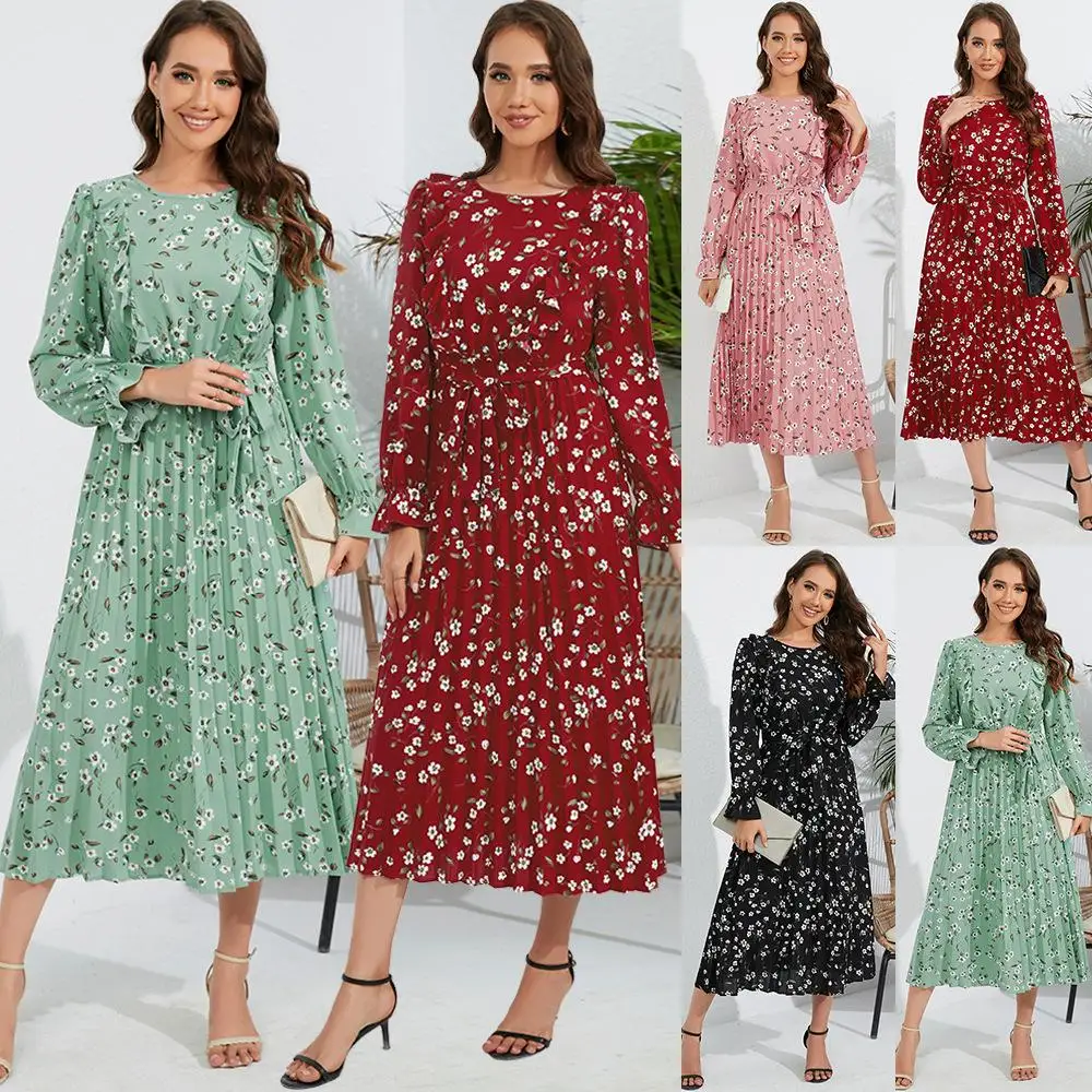 

Women's Summer Pleated Midi Dress Bohemian Floral Casual Long Sleeve Belted A Line Dresses Fragmented Flowers Party Clothes