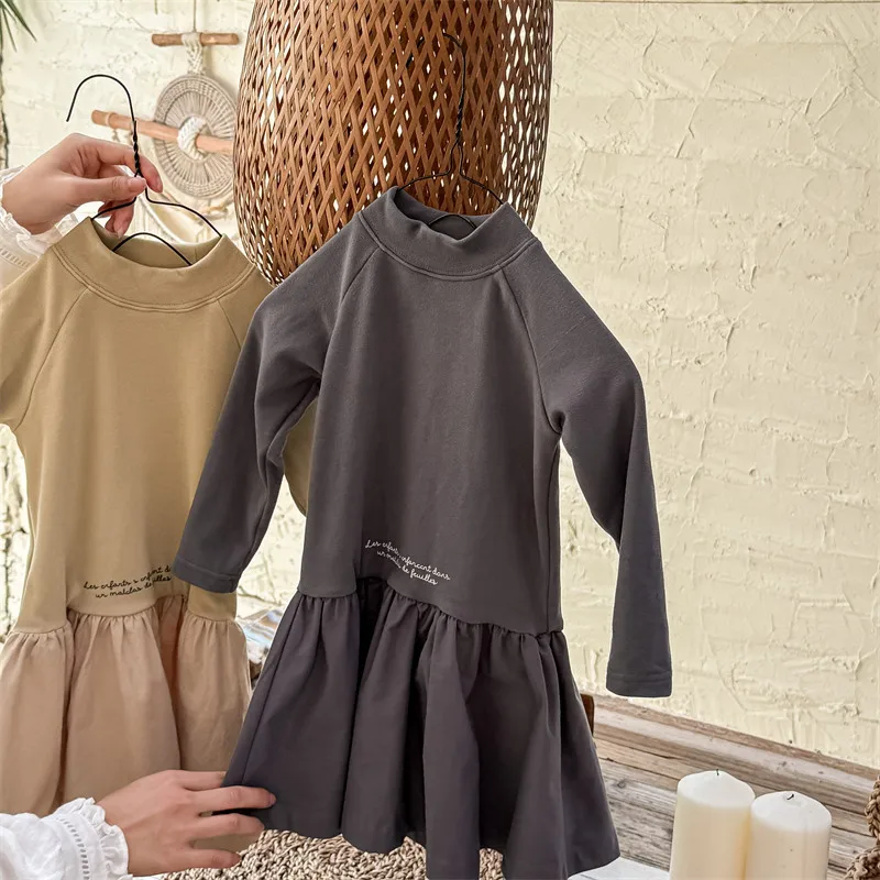 2025 Autumn Winter New Girls Long Sleeve Warm Dress Solid Children Bottoming Dress Letter Print Casual Dress Kids Cotton Clothes 18 S52d0d8d95b79478cb13bec0acca94741e