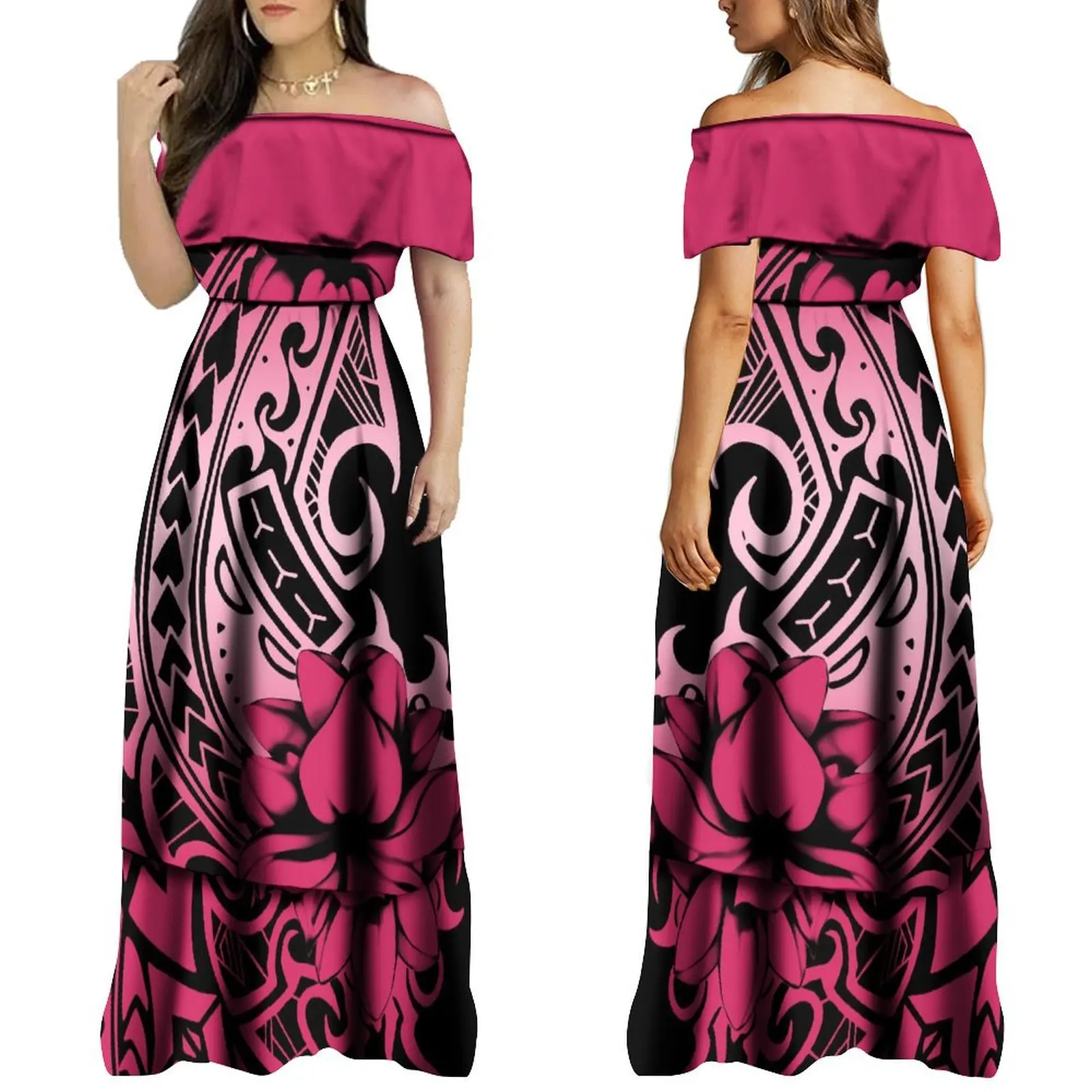 

New Design Polynesian Tribal Print Elegant Floor-Length Dress For Women Personality Plus Size 5xl Off-The-Shoulder Dress