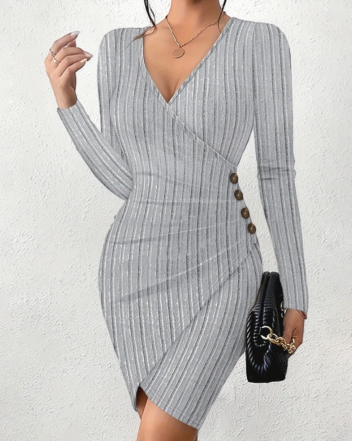 

Casual Style 2024 Women Dresses Spring Summer Sexy Slim Long Sleeve Plunge Ruched Asymmetrical Wrap Bodycon Dress