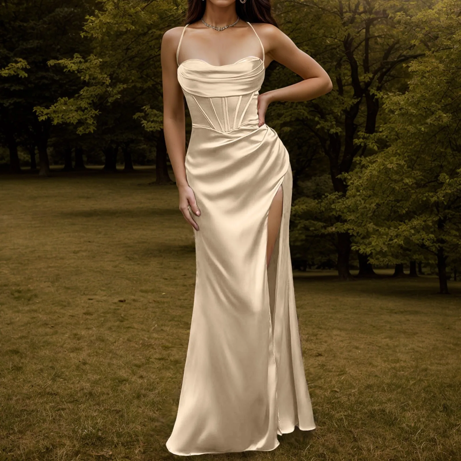 

Женское вечернее платье на бретелях, однотонное Привлекательное платье с открытой спиной и разрезом, на шнуровке, с высокой талией, элегантное платье для выпускного вечера, модель 2023 года