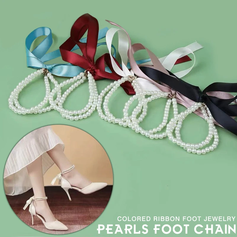 

Lovely Colorful Ribbon Bow knot Pearl Foot Chain Anklets Women Girl Summer High heels Sandal Decoration Ornaments Ankle Bracelet