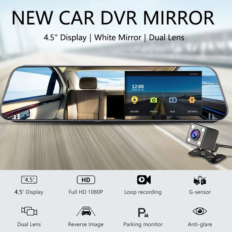 4.5In Dash Cam Cars DVR Rearview Mirror DVR Rearview Recorder Video Registrator FHD Dual Lens Touch Screen 1080P Night Camcorder
4.5In Dash Cam Cars DVR Rearview Mirror DVR Rearview Recorder Video Registrator FHD Dual Lens Touch Screen 1080P Night Camcorder