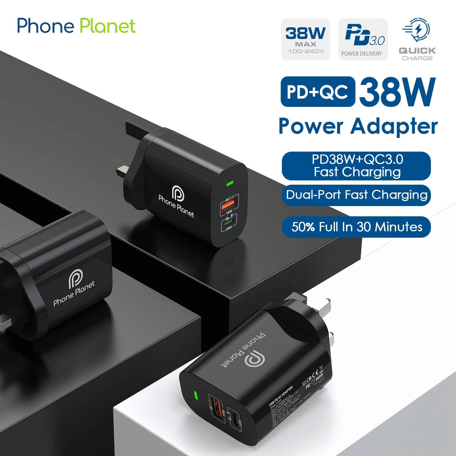 

Зарядное устройство PhonePlanet с USB-портом и поддержкой быстрой зарядки, 30 Вт, 38 Вт