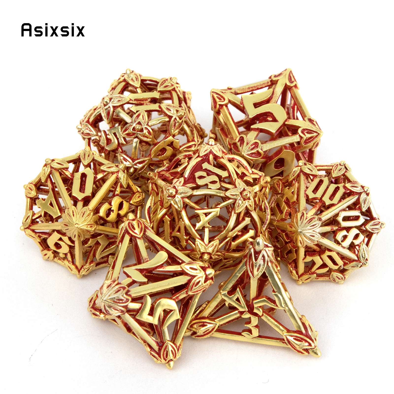 7 Pcs Golden Red Leaf Flower Metal Dice Hollow Metal Polyhedral Dice Set Suitable for Role-Playing RPG Board Game Card Game
7 Pcs Golden Red Leaf Flower Metal Dice Hollow Metal Polyhedral Dice Set Suitable for Role-Playing RPG Board Game Card Game