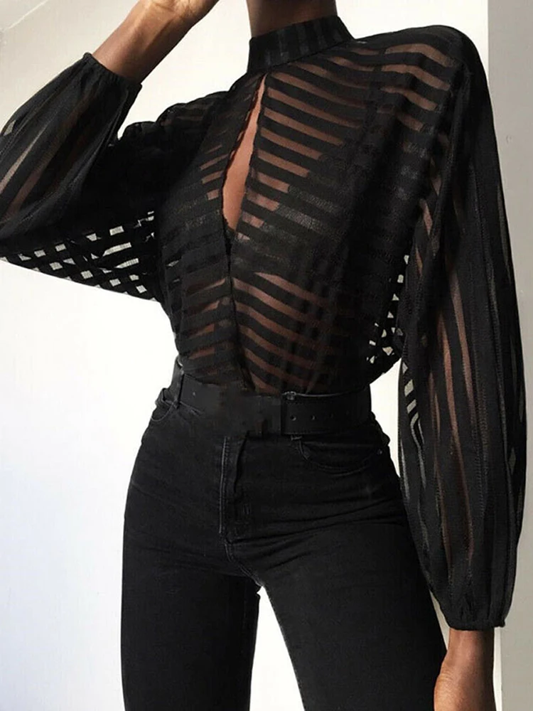 

Sexy Black Women Mesh Sheer Blouses Ladies Long Sleeve Striped Front Hollow Out Transparent Shirts Blusas Mujer Camisas