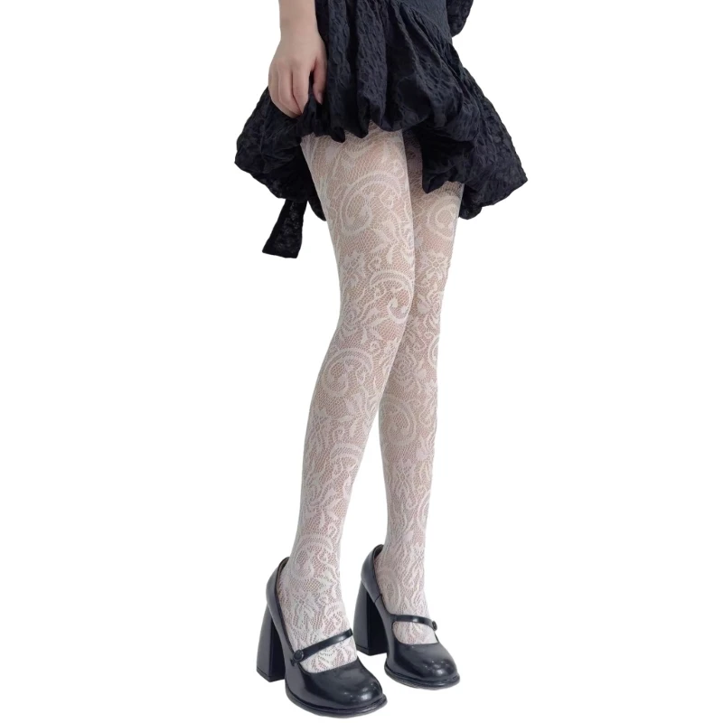 

Women Hollow Out See-Through Lace Patterned Fishent Pantyhose Stockings Vintage Flower Jacquard Sheer Mesh White Tights 066C