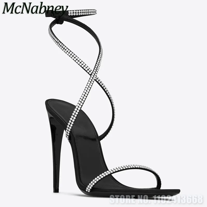 

Rhinestone Chain High Heels Women's Stiletto Heel Sandals Ankle Cross Strap Buckle Crystral Narrow Band Concise Lady Party Pumps