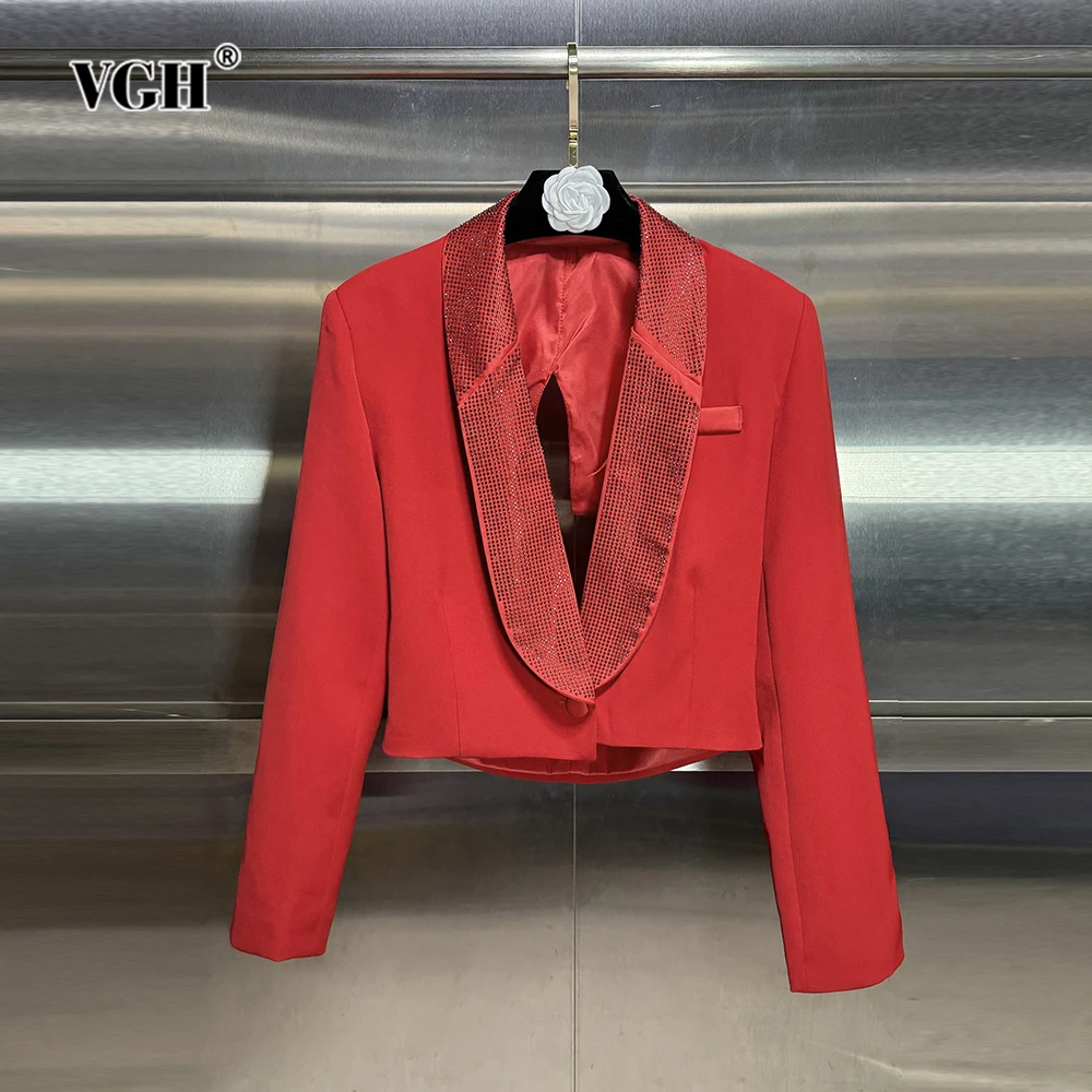

VGH Casual Patchwork Diamonds Solid Blazer For Women Notched Collar Long Sleeve Backless Minimalist Blazers Female Fashion New