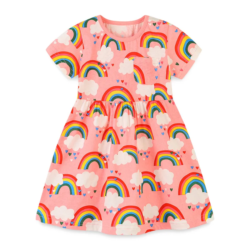 

LISON New Arrival 2-8 Years Old Girls' Children's Dress Cotton Girls' Short Sleeve Dress Cartoon Printed Rainbow Princess Dress