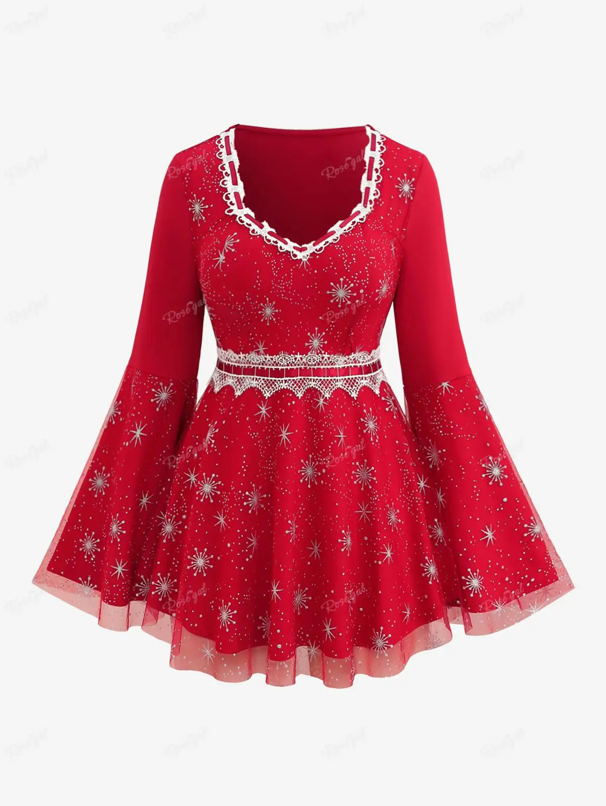 

ROSEGAL Plus Size Christmas T-shirt New Red Square Neck Snowflake Lace Trim Sheer Mesh Bell Sleeve Tops Women Autumn Winter Tee
