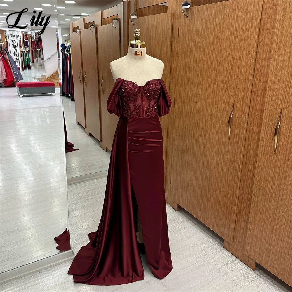 

Lily Elegant Burgundy Prom Dresses Off The Shoulder Sweetheart Lace Beads Evening Dresses Party Dress Pleats Satin فستان سهرة