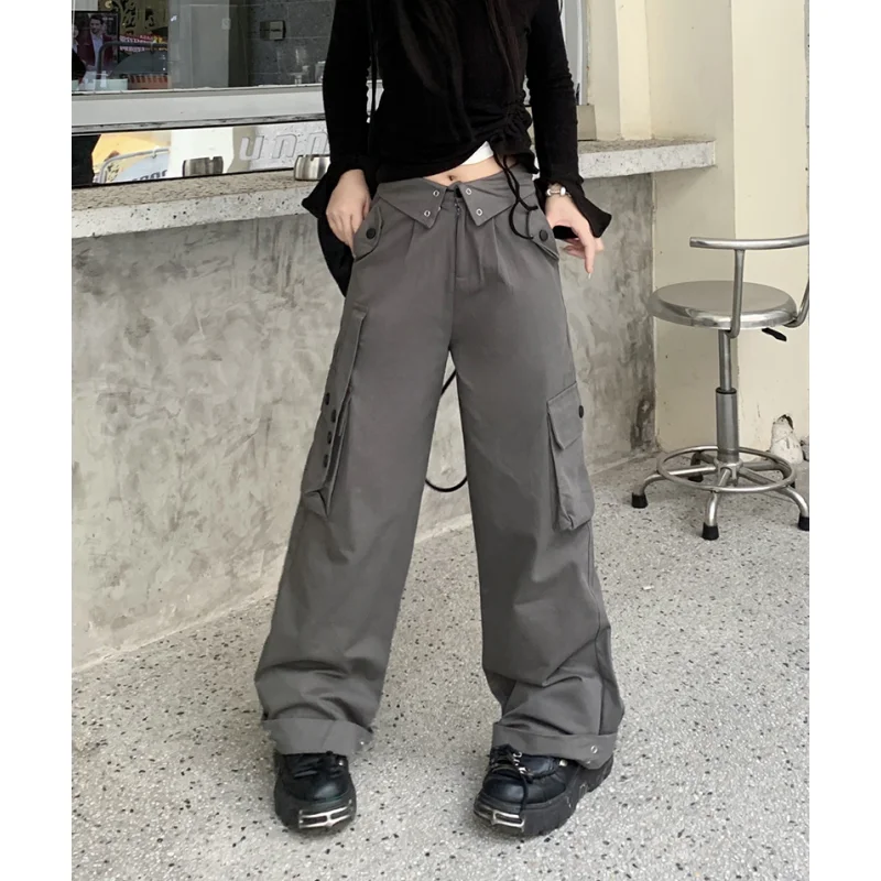 

Cargo Pants Y2K Women Grey Streetwear High Waist Wide Leg Pants Stripe Vintage Female Apricot Spring Solid Straight Trousers