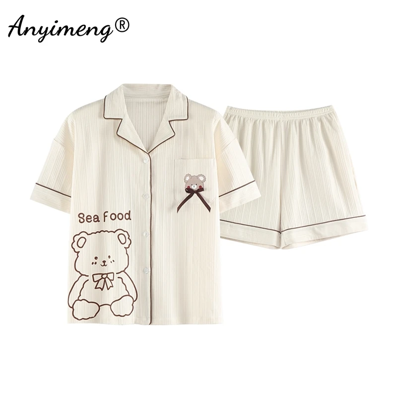 Kawaii Girl Summer Pajamas Set Fashion Womens Clothes Cartoon Shorts Turn-down Collar Knitted Cotton Sleepwear Pj Sets for Woman
Kawaii Girl Summer Pajamas Set Fashion Womens Clothes Cartoon Shorts Turn-down Collar Knitted Cotton Sleepwear Pj Sets for Woman