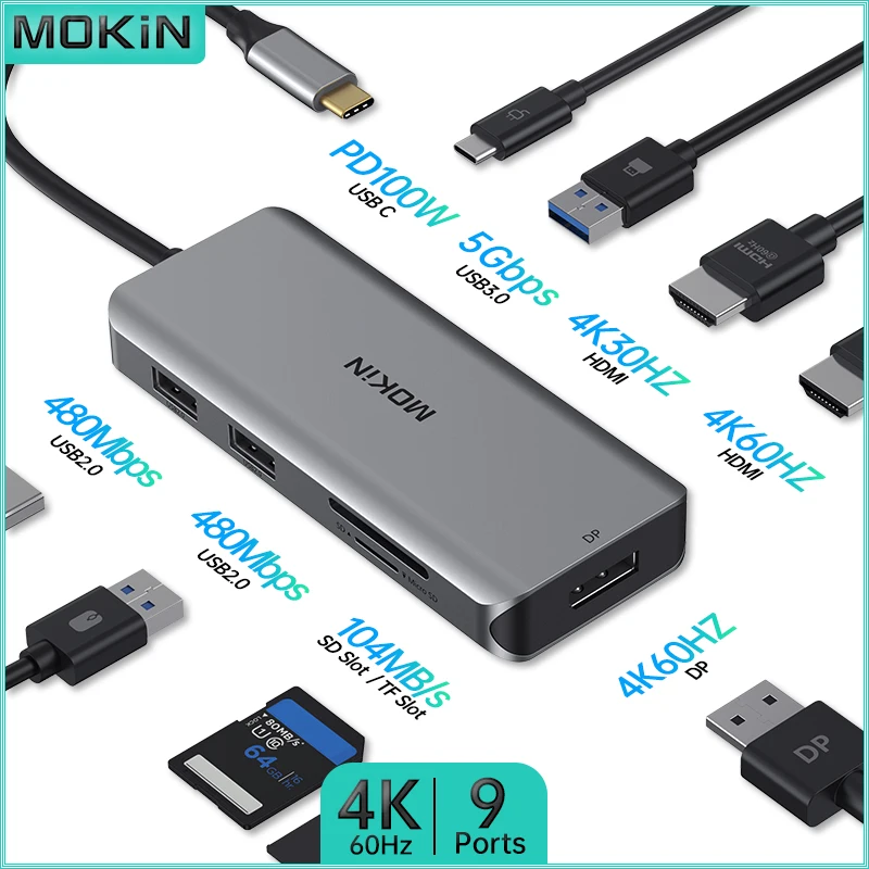 

Док-станция MOKiN 9 в 1 для MacBook Air/Pro, iPad, ноутбука Thunderbolt — USB3.0, HDMI 4K30 Гц, DP 4K60 Гц, PD 100 Вт, SD, TF