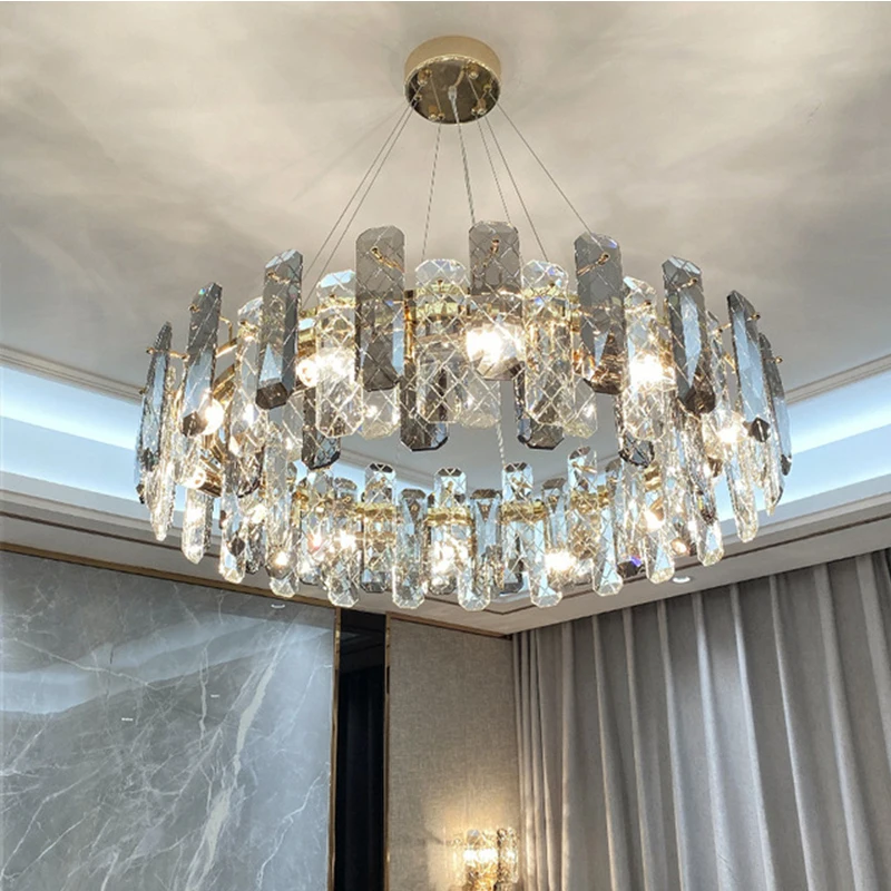 

Светодиодная Современная прозрачная и серая Хрустальная роскошная люстра, подвесная фотолюстра для гостиной, столовой, новые модели комнатных ламп